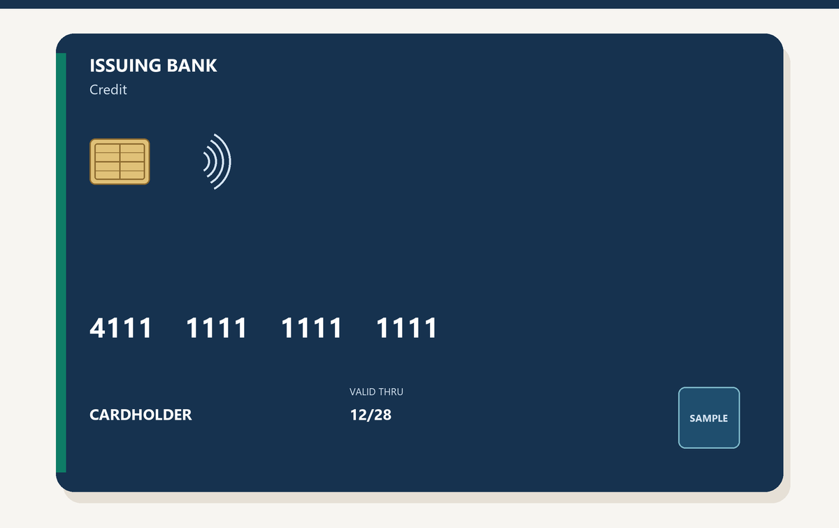 The front of a credit card, with the issuer name, chip, card number, cardholder line, and expiry
